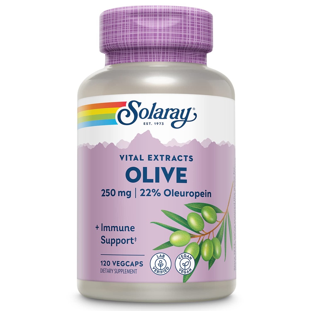 SOLARAY Olive 250mg - Olive Leaf Extract Kapsułki z 22% oleuropeiny, Plus balsam z cytryny - suplement polifenoli do wsparcia Wellness - Wegan, 60- Day Guarantee, Lab Verified - 120 Servings, 120 VegCaps