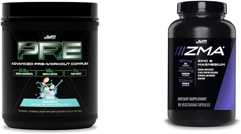 PRE JYM X - Fala Shockwave przed treningiem Proszek & JYM ZMA Cynk / Magnezu Kapsułki Suplement - Cynk, Magnez i Witamina B6 124; 90 Kapsułki wegetariańskie
