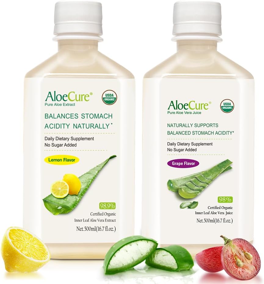 AloeCure Organic Aloe Vera Sok - 2 Butelka Próbka Pack - Lemon i Grape Flavor - 2x500ml