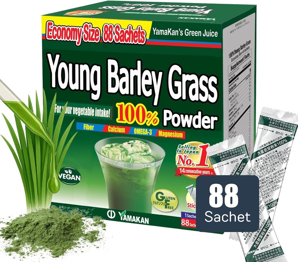 山本漢方製薬株式会社 YAMAKAN Young Barley Grass Powder, Greens Superfood Powder Rich in Nutrients, Minerals, Vitamins & Plant-Based Protein for Women & Men, Barley Grass from Japan, Non GMO 88 Count