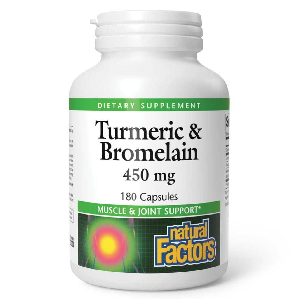 Czynniki naturalne, kurkuma i bromelaina 450 mg, mięśnie i wspólne wsparcie, 180 kapsułek