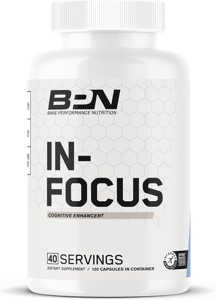 BARE WYMAGANIA NUTRITION BPN in- Focus Brain Supplement for Memory & Focus Cafeline Pills, 1g L Tyrosine per Serving + Alpha GPC, 40 Sług, Gluten Free + Vegan