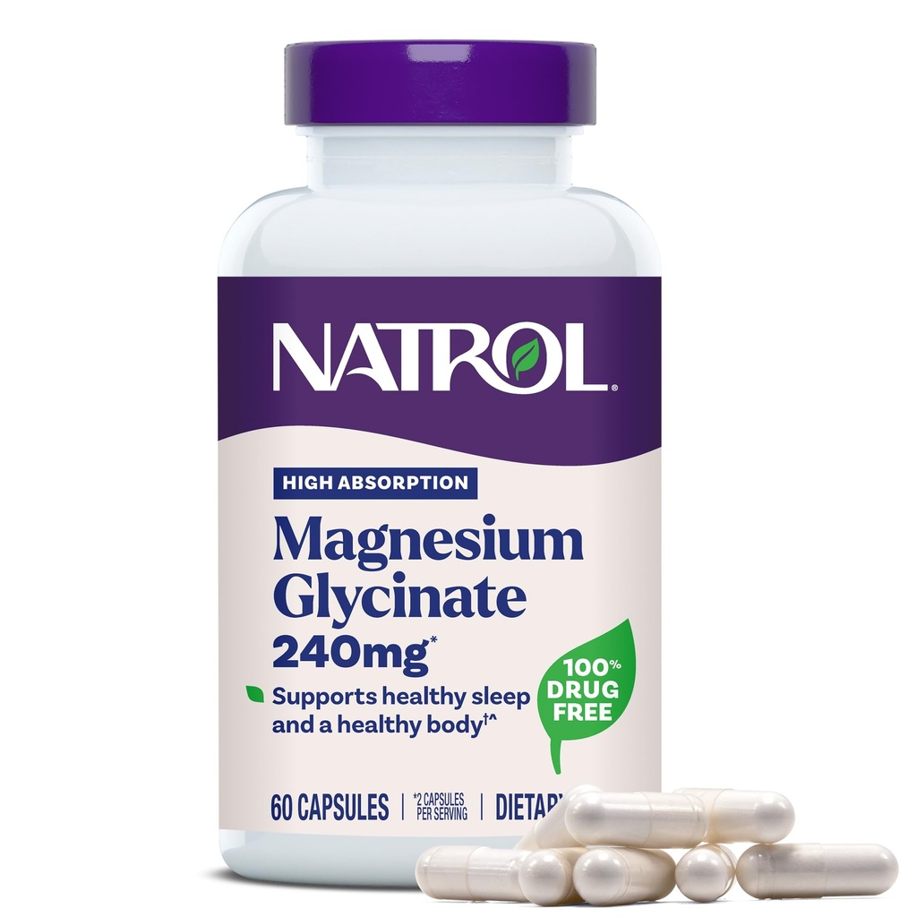 Natrol Magnezu Glicynian Suplementy 240 mg - Wysoka absorpcja - Ciemny Magnez Glicynian na sen - 60 Kapsułek, 30 Day Supply