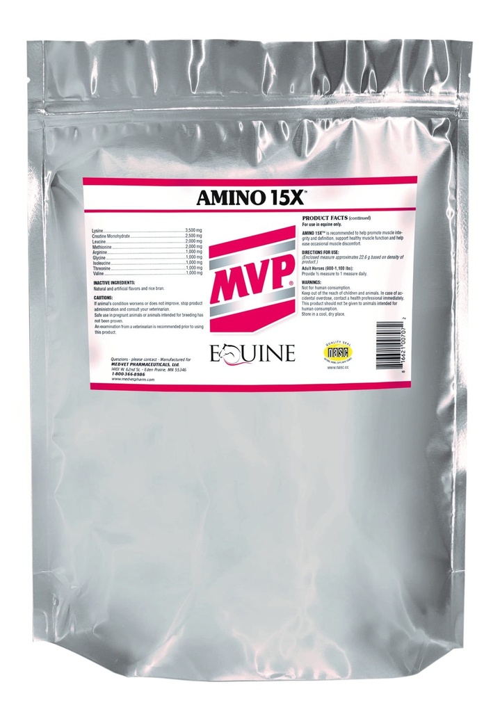 MVP Amino 15X (1.5lb) wspomaga zdrową funkcję mięśni, rozwój i regenerację koni.