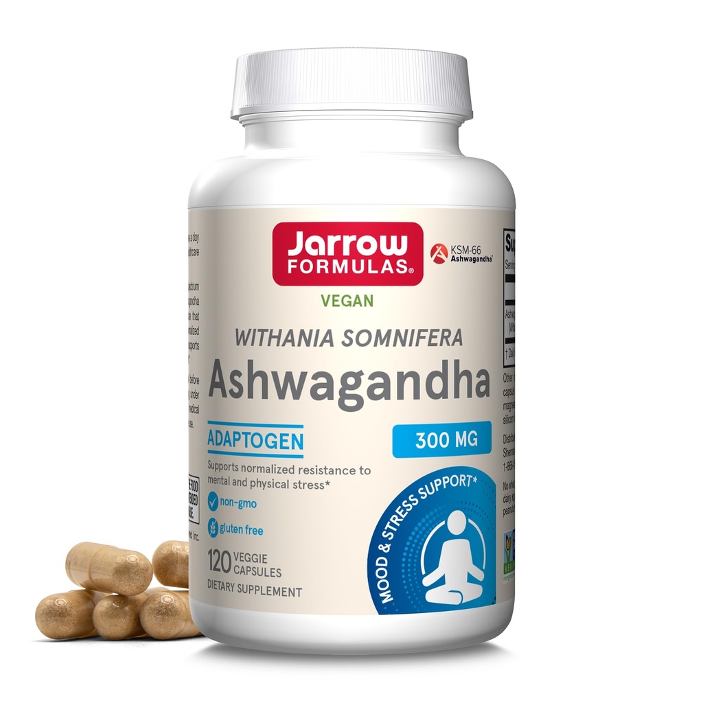 Jarrow Formulas ® Ashwagandha kapsułki, 300 mg suplement wspomaga standaryzowaną odporność na stres psychiczny i fizyczny, 120 kapsułki wegetariańskie, 60 Day Supply