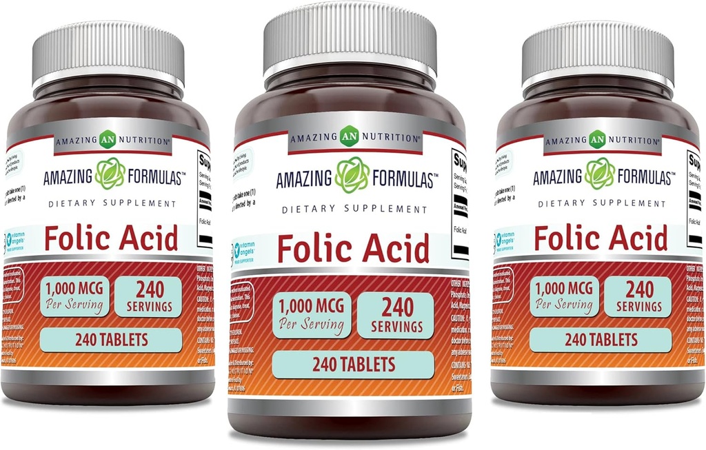 Amazing Folic Acid 1000 mcg (1 mg) Tablets Supplement Equipment 124; Witamina B9 Ethiopia 124; Non-GMO Equipment 124; Gluten Free Equipment 124; Made in USA (240 Count Equipment 124; 3 Pack)