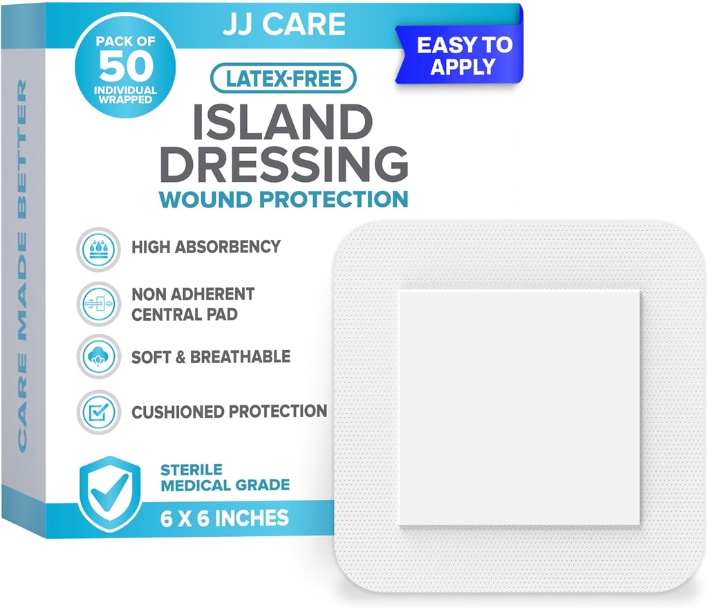 JJ CARE Adhesive Island Dressing [Pack of 50], 6x6 Steryl Borded Gaze Dressing, Breathable Island Hound Dressing Indywidualnie owinięte z Highly Absorbent Non- Stick Center Pad