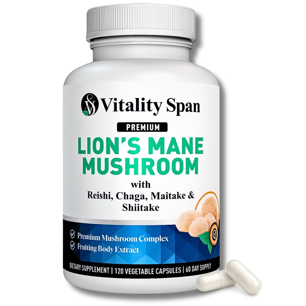 Lions Mane Supplement Kapsułki - Mushrooms Extract: Chaga, Maitake, Reishi & Shiitake Mushrooms 124; Pure Fruiting Body British 124; Nootropic, Focus, Brain and Cognitive Support British 124; 120 Veggie Caps