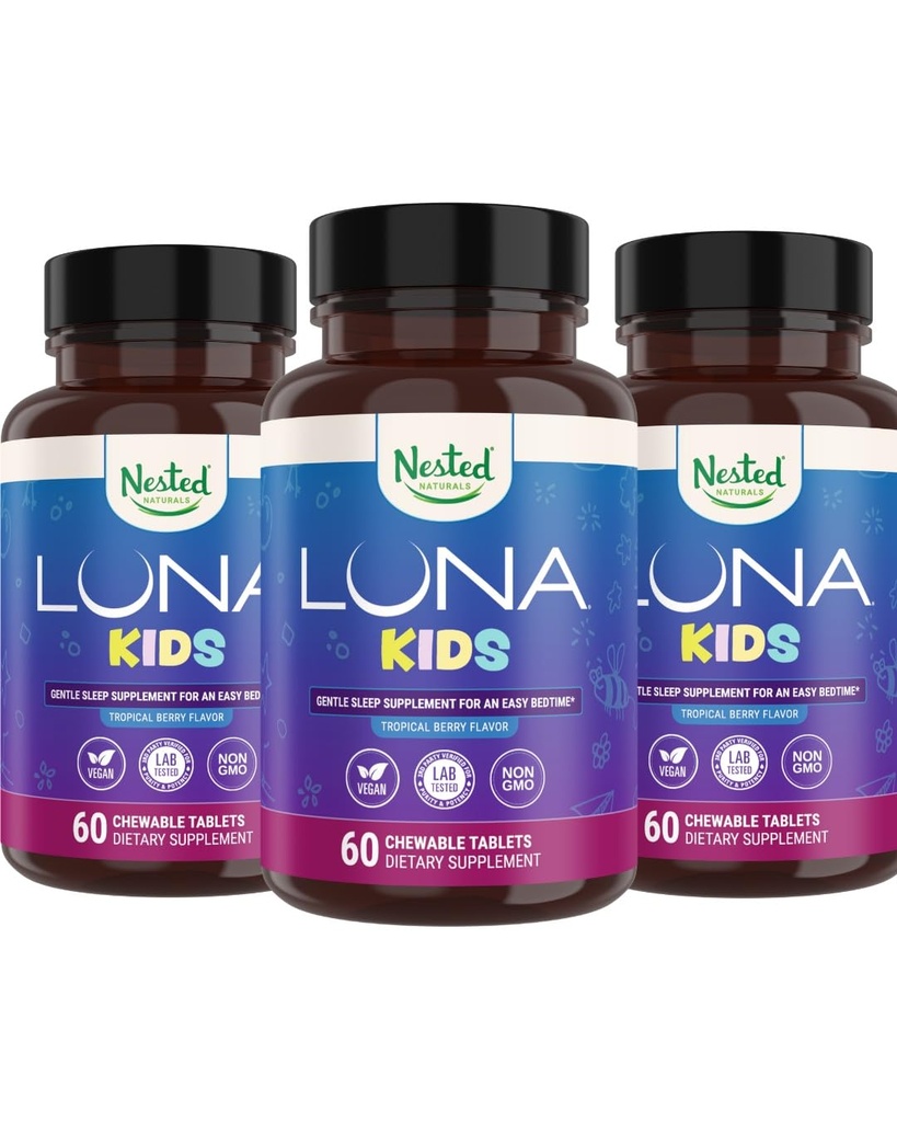 Nested Naturals Luna Kids Sleep Supplement - dla dzieci i dzieci Melatonin Wrażliwy Dorośli - Delikatny Ziołowy Suplement z rumianku, Melatonina, & Valerian - 180 Tabletki do żucia (60 na butelkę)