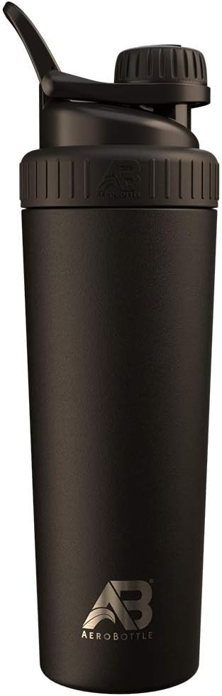 AeroBottle Cryo Shaker Cup, Izolowana butelka ze stali nierdzewnej i shaker protein, Mixes Protein and pre Workout z technologii mieszania turbulent, Bez mieszania Ball lub Wisk, 26oz, Czarny lód