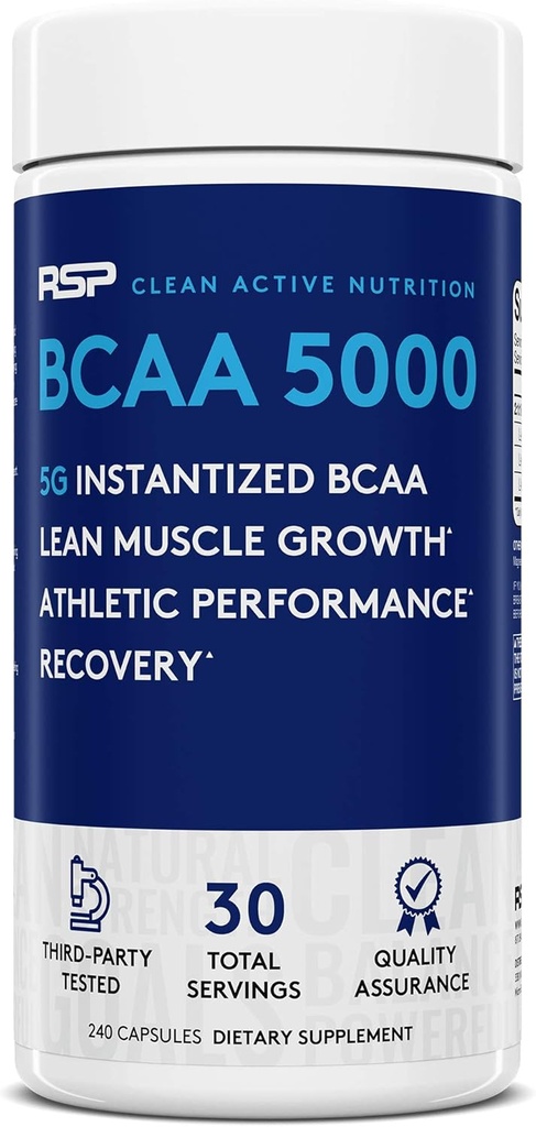 RSP BCAA 5000 (30 Serv), Premium BCAA Kapsułki do post Workout Odzysk mięśni, Endurance & Energy, 5g podstawowych rozgałęzionych Acids Acids łańcucha na obsługę