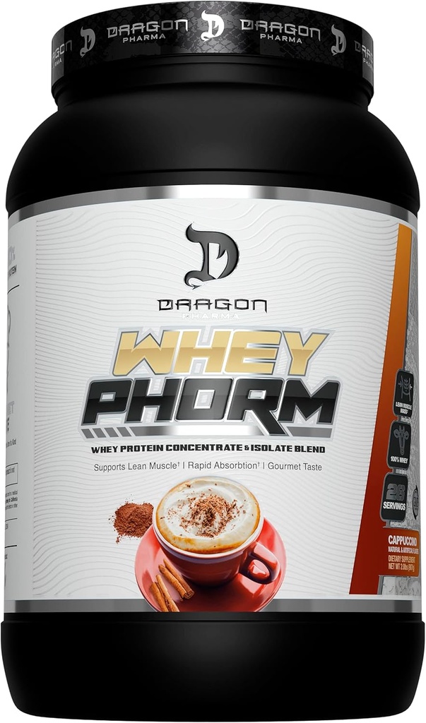 DRAGON PHARMA Mieszanka białka serwatki, Szybka absorpcja, Gluten Free, 100% Białko serwatki, WheyPhorm, Maksymalizacja Odzyskiwania, Wielki Tasting, 25 Gramy białka (26 Sług, Cappuccino)