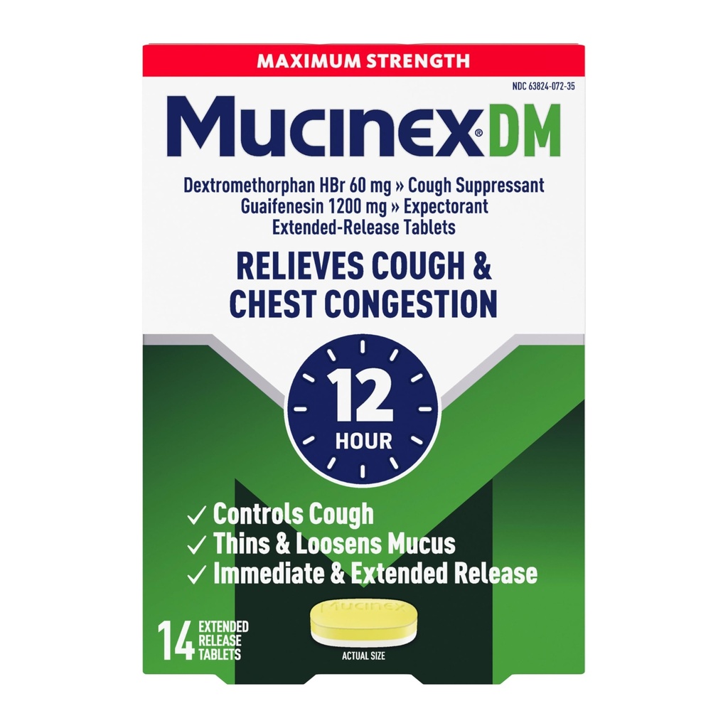 Suppressant i Expectorant, Mucinex DM Maksymalna wytrzymałość 12 Hour Tablets, 14ct, 1200 mg Guaifenesin, Relieves zatory klatki piersiowej, Cicho mokry i suchy kaszel, 1 Zalecany lekarz Expectorant OTC