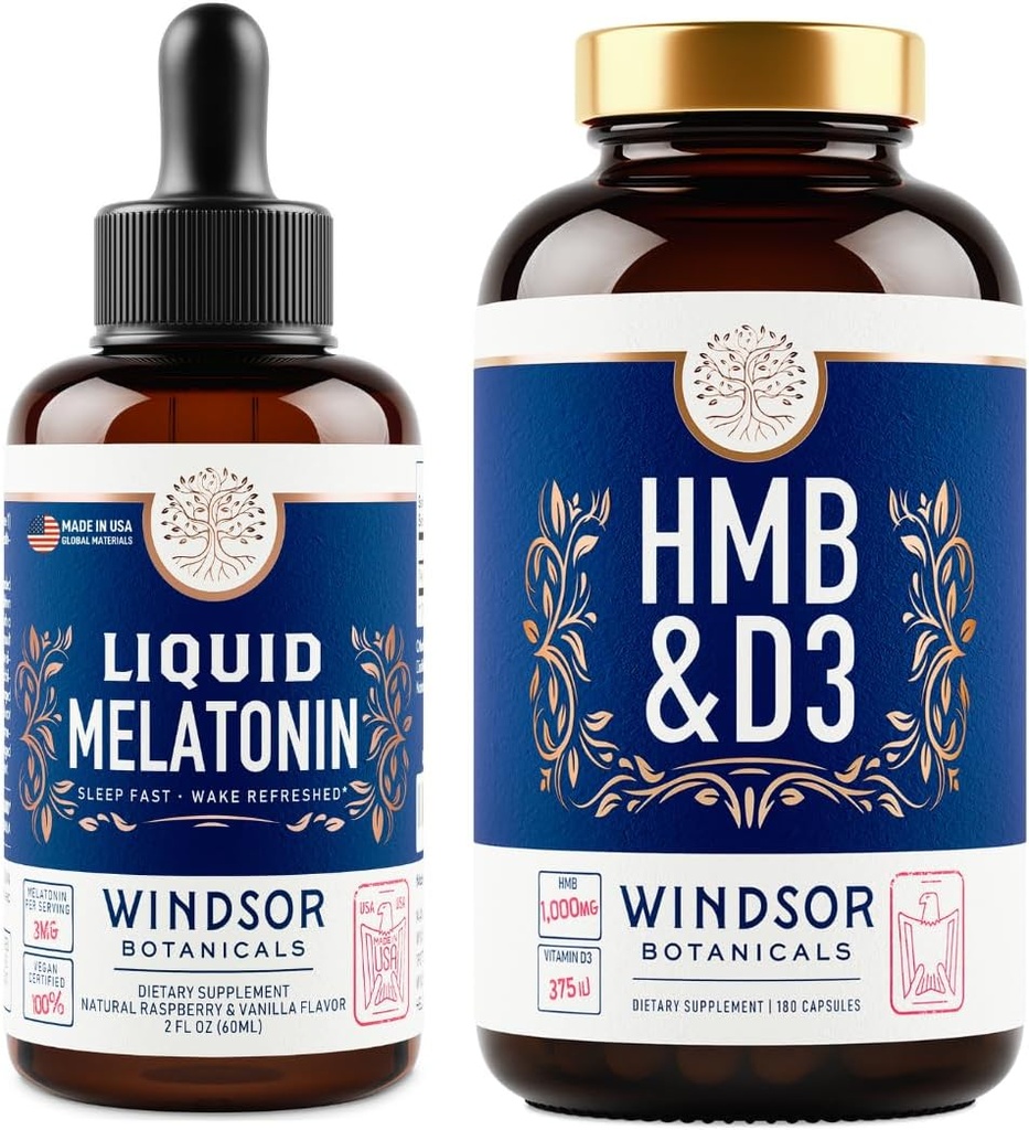 WINDSOR BOTANICALS HMB z suplementem witaminy D3 i płynną melatoninę 3mg - Trening i odzyskiwanie