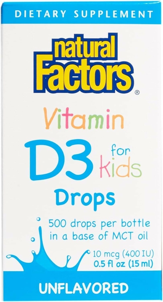 Czynniki naturalne, Witamina D3 Krople 400 j.m. (10 µg) dla dzieci, Wspomaga silne kości i funkcje immunologiczne, 0,5 fl oz, 0,5 Oz