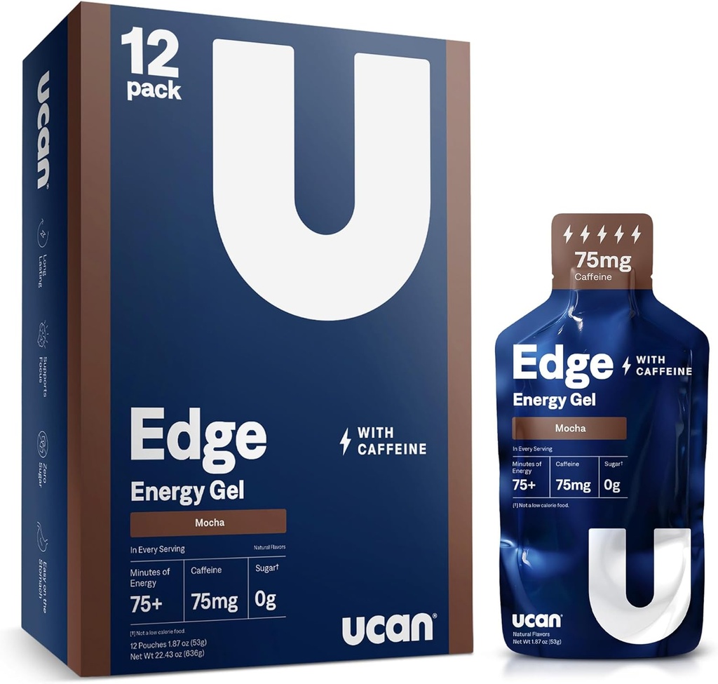 UCAN Edge Energy Gel Shots, Mocha + Kofeina (12, 2 Ounce Pakiety) do biegania, Szkolenia, Trening, Fitness, Jazda na rowerze, Crossfit 124; Sugar- Free, Wegan, & Keto Przyjazna Energia