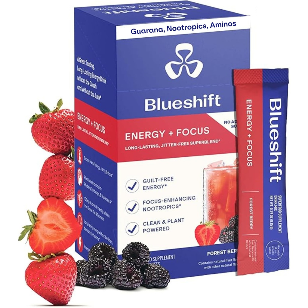 Blueshift Energy + Focus - Less- Sweet Super Clean Plant- Based Energy Drink dla dorosłych, z Guarana, Zielona herbata, Rhodiola, Kofeina, Witaminy B dla Clarity & Focus, Bez cukru - Puder Sticks (10 Pack)