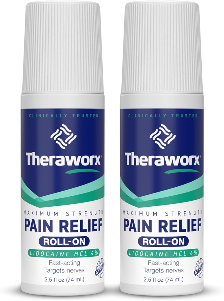 Theraworx Maksymalna siła ból Relief Roll- On z lidokainą, Szybkie aktorstwo - 2.5 Oz - 2 Hrabia