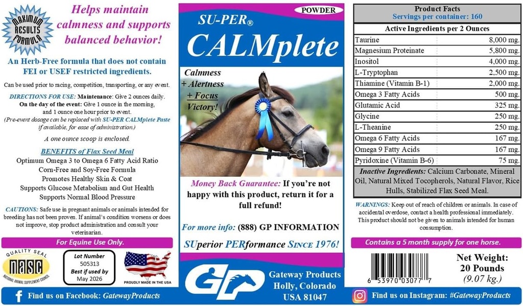 SU- PER CALMplete Calming Horse Supplement - Utrzymanie uspokojenia i zrównoważonego zachowania - Tiamina, Tryptofan i Magnez - 20 funtów, 5 miesięcy dostaw (150 dni)