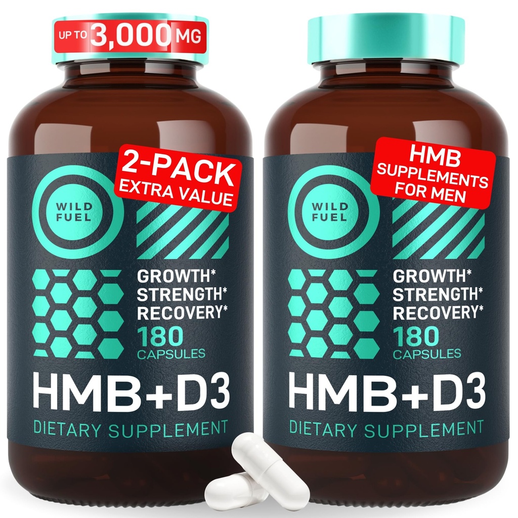 HMB i suplement witaminy D3 Kapsułki - B- hydroksy B- metylobutyrate 1,000- 3000 MG Suplementy HMB z witaminą D3 - Wzrost mięśni, Siła, Wydajność, Przygotowania, Odzysk mięśni - 360 Czapki