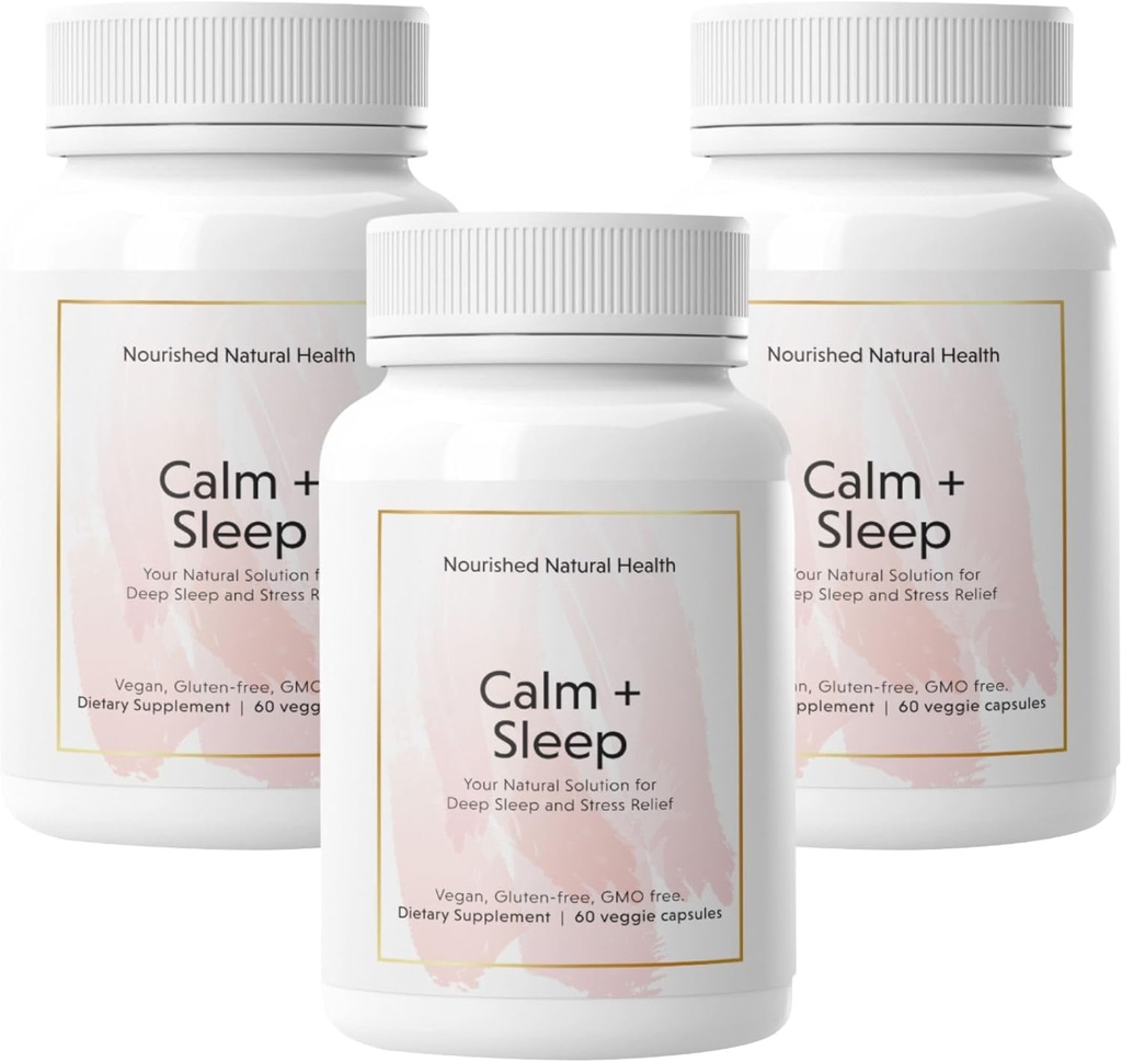 Odżywione naturalne - Calm + Sleep Kapsułki do głębokiego odpoczynku & Relaxation z Ashwagandha, Rumianek, Tart Cherry Extract, Passionflower, L- theanine, & Magnez - 180 Kapsułki