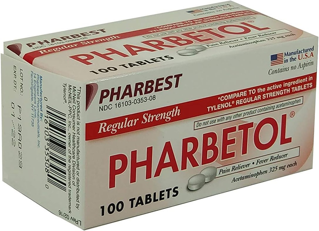 Pharbetol Acetaminofen 325 mg Siła regularna, Ból Reliever, Gorączka Reducer Tablets, 100 Ilość (Opakowanie po 1)