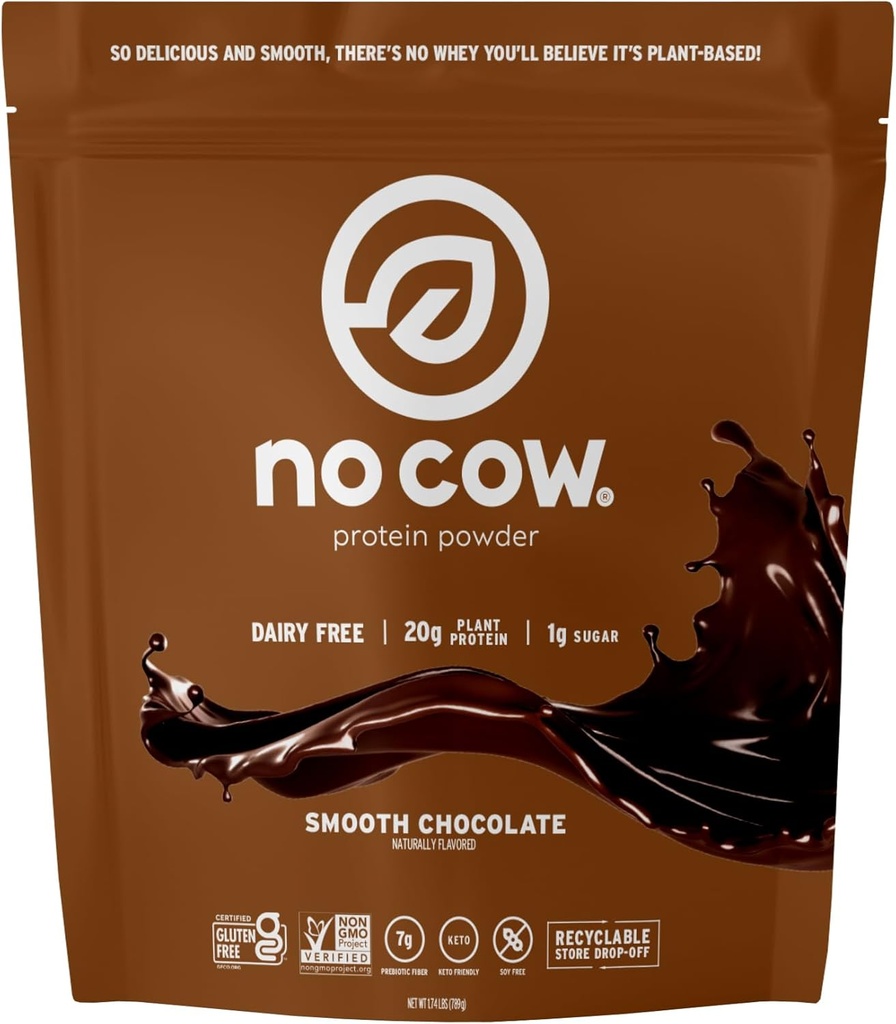 No Cow Vegan Protein Powder, Czekolada, 20 g Białko roślinne na bazie, Recykling Bag, Wolny mleczny, Soy Free, Nie dodawany cukier, Keto Friendly, Gluten Free, Naturalny słodzony, Nie GMO, Kosher, 1.74 Funt