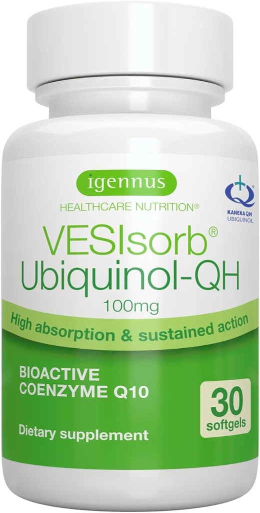 Igennus Advanced VESIsorb Ubichinol 100mg 30 Softgels, 600% Biodostępność, Szybkie działanie wodne - Rozpuszczalny Koenzym Q10 Suplement dla Energii i Serca, 1- Miesiąc Dostawy