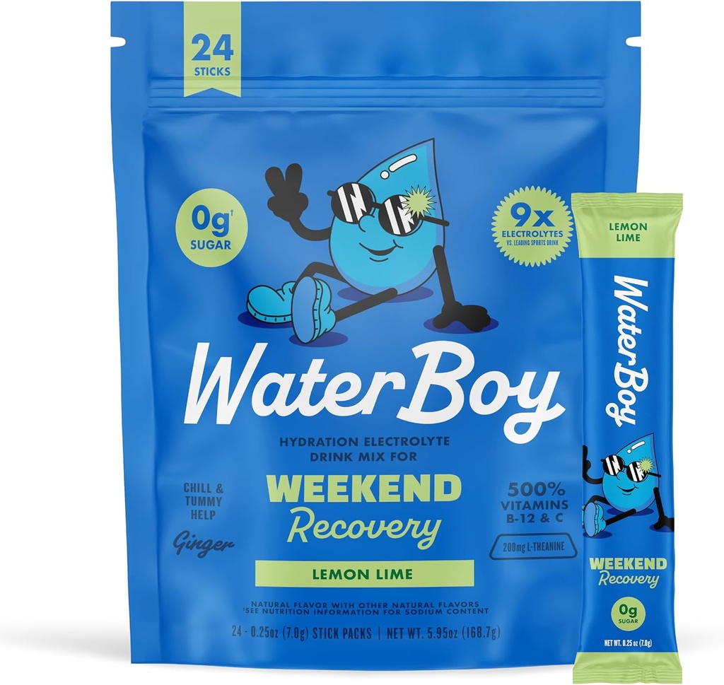 Waterboy Weekend Recovery Equipment 124; 3,200mg Electrolyte Powder Packets Equipment 124; Ginger + L- Theanine + Vitamin Equipment 124; No Sugar, All Natural, gluten Free Equipment 124; 24 Drink Stick Mixes (Lemon Lime)