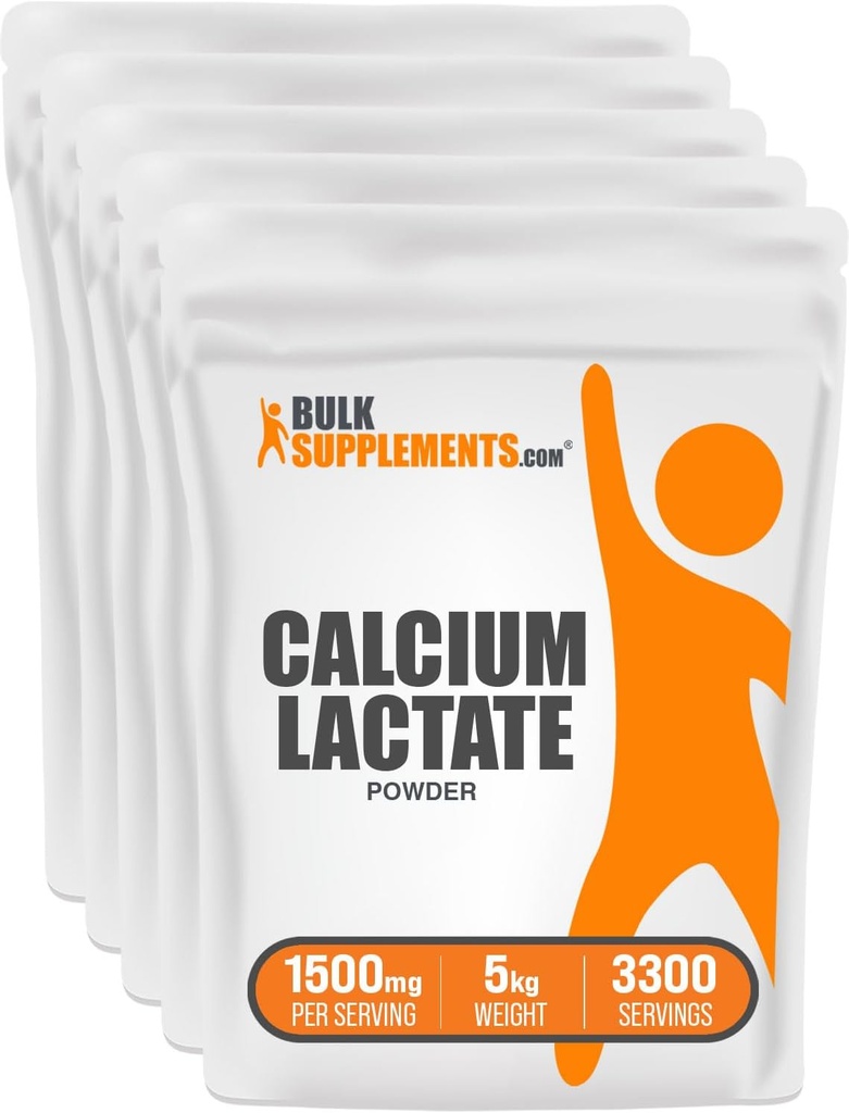 BulkSupplements.com Proszek z mleczanami wapniowymi - Proszek z dodatkiem wapnia, Stopień pożywienia - Czysty i wolny od glutenu, 1,5 g na porcję, 1 kg (Opakowanie po 5) (11 funtów)
