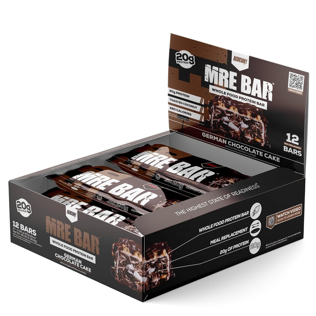 REDCON1 MRE Protein Bar, Niemiecki ciasto czekoladowe - Zawiera MCT Oil + 20 g całego białka żywności - łatwo digestible, Makro zbalansowany niski cukier Meal Replacement Bar (12 barów)