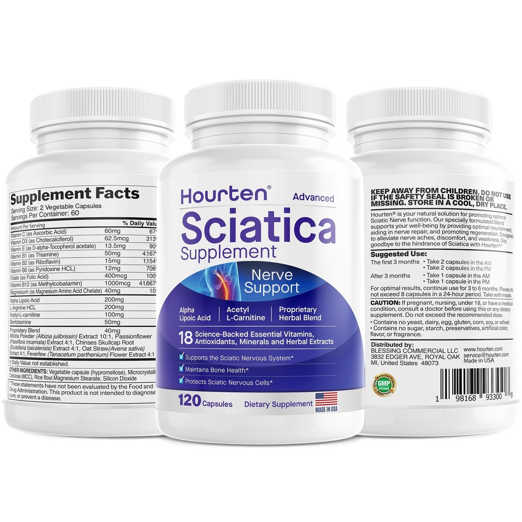 Advanced Sciatic Nerve Support Relief: Alpha Lipoic Acid - 18 in 1 Sciatica Supplements - Witamina B Complex - Made in USA (120 Count (Pack of 1))