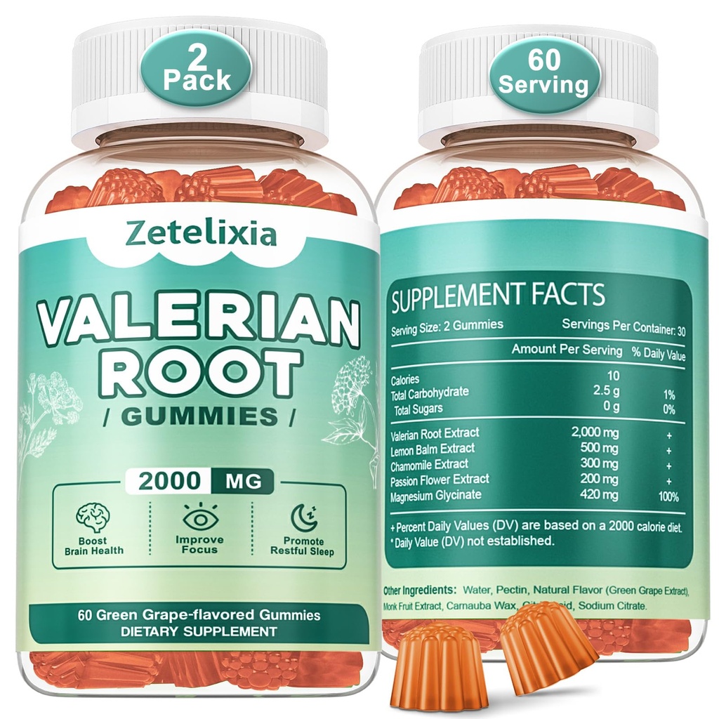 2 Pack Organic Valerian Gummies korzeni, Naturalne Spokój pomóc Relaks, Ziołowy suplement do wsparcia nastroju, Melatonin Free, Non-GMO, Gluten Free, Wegan, Zielony Flavor Grape, 120 Count