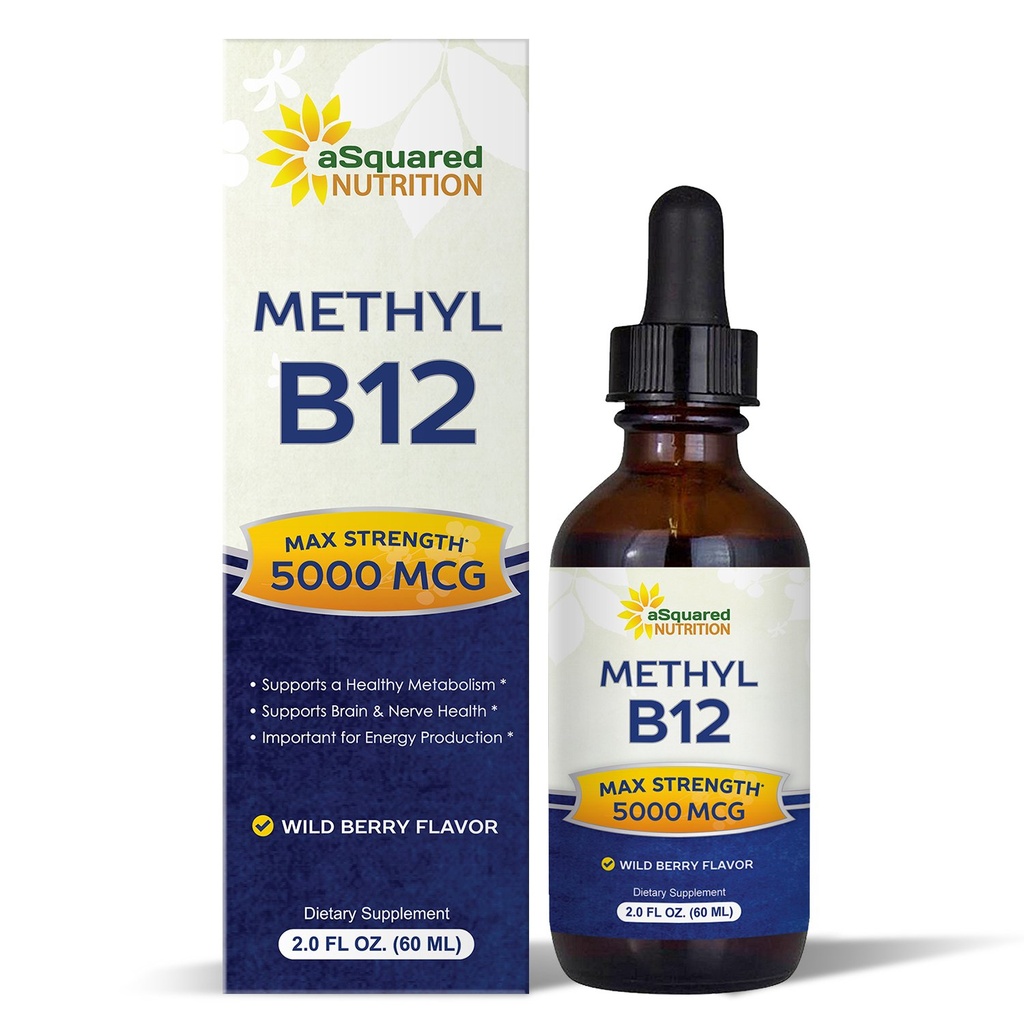 aSquared Nutrition Witamina B12 Podjęzykowe krople płynne - 5000 MCG Suplement z metylokobalaminy (Metyl B- 12) - Max Wchłanianie B 12 Zwiększenie energii - Wegański Przyjazny - 2 fl oz