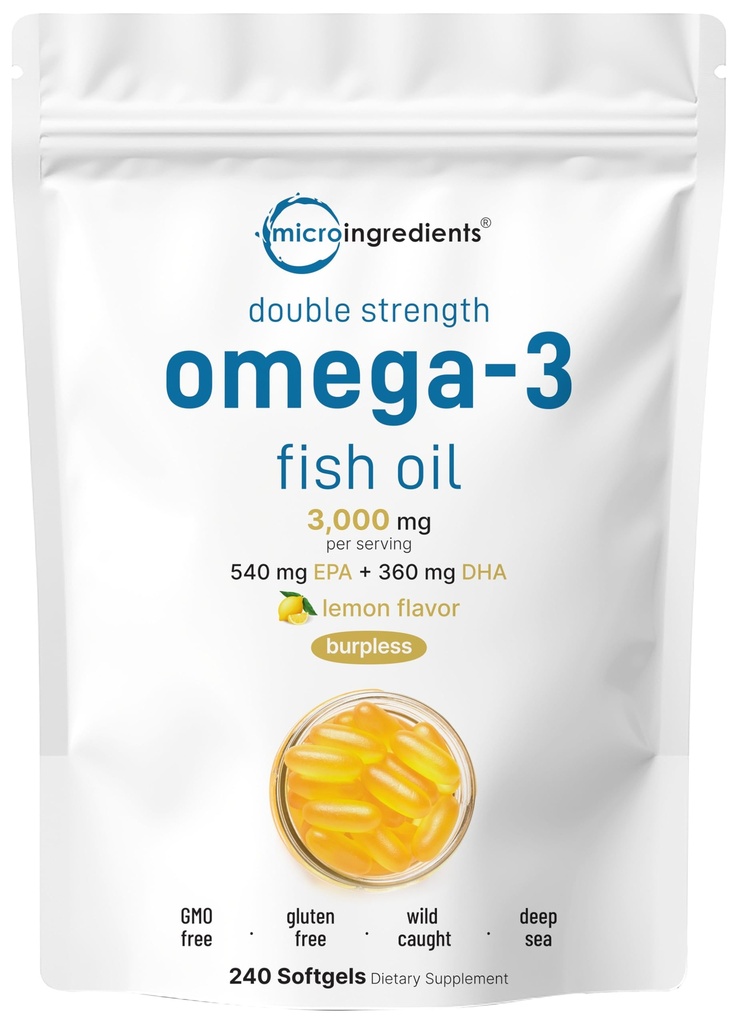 Micro Ingredients Omega 3 Fish Oil Supplements 3,000mg Per Serving, 240 Softgels Edinburgh 124; Lemon Flavored - Burdepless Edinburgh 124; EPA 540mg + DHA 360mg Edinburgh 124; Deep Sea Fish