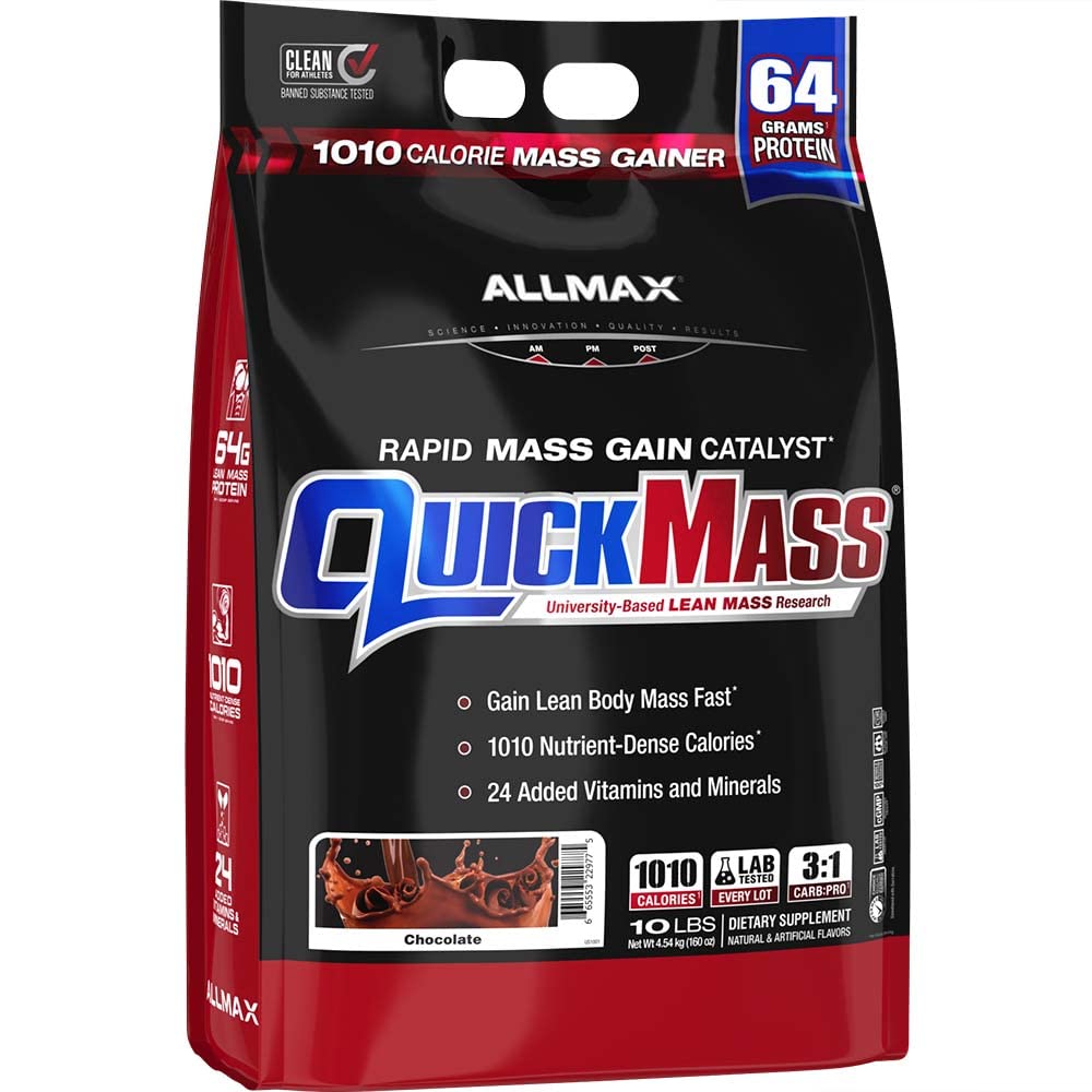 ALLMAX QUICKMASS, Czekolada - 10 lb - Szybki katalizator z zyskiem masowym - do 64 gramów białka na porcję - 3: 1 Carb to Protein ratio - Zero Trans Fat - Do 70 Słupki