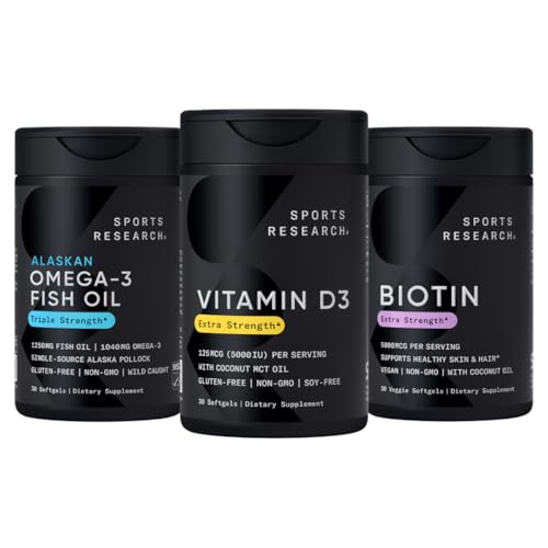 Sport Badania Potrójne Siła Omega 3 Bezwładny olej rybny 1250mg z Dzikiego Pollocka Alaska, Witamina D3 5000 IU z oleju kokosowego MCT (125mcg) i Wegan Biotin 5000mcg Witamina B7- 30 Softgels Każdy