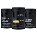 Sport Badania Potrójne Siła Omega 3 Bezwładny olej rybny 1250mg z Dzikiego Pollocka Alaska, Witamina D3 5000 IU z oleju kokosowego MCT (125mcg) i Wegan Biotin 5000mcg Witamina B7- 30 Softgels Każdy