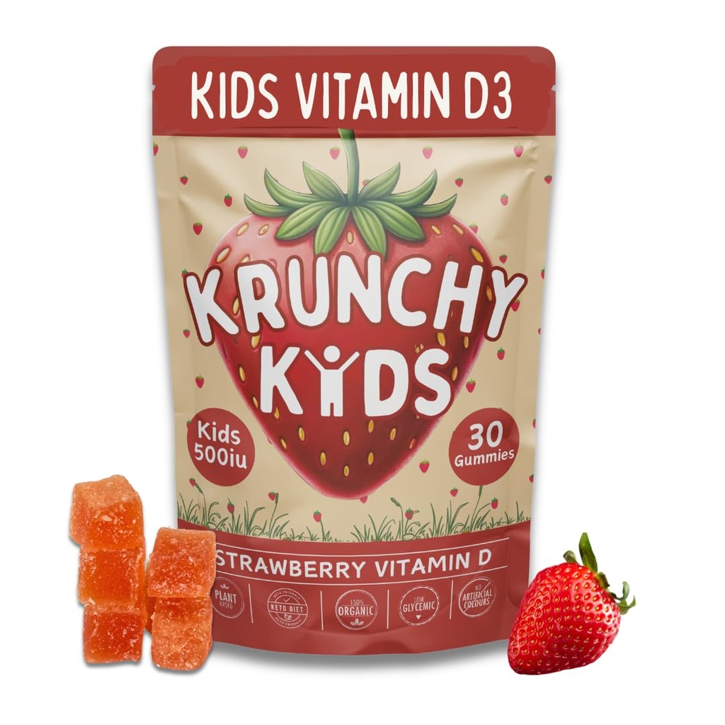 500IU Gummeje witaminy D3 - Organiczne, Plant- based, Sugar- wolne od cukru 124; Truskawki prawdziwe, Alluloza, MCT- Oil, Agave 124; Wspiera kości, Immunitet, Mood & Sen