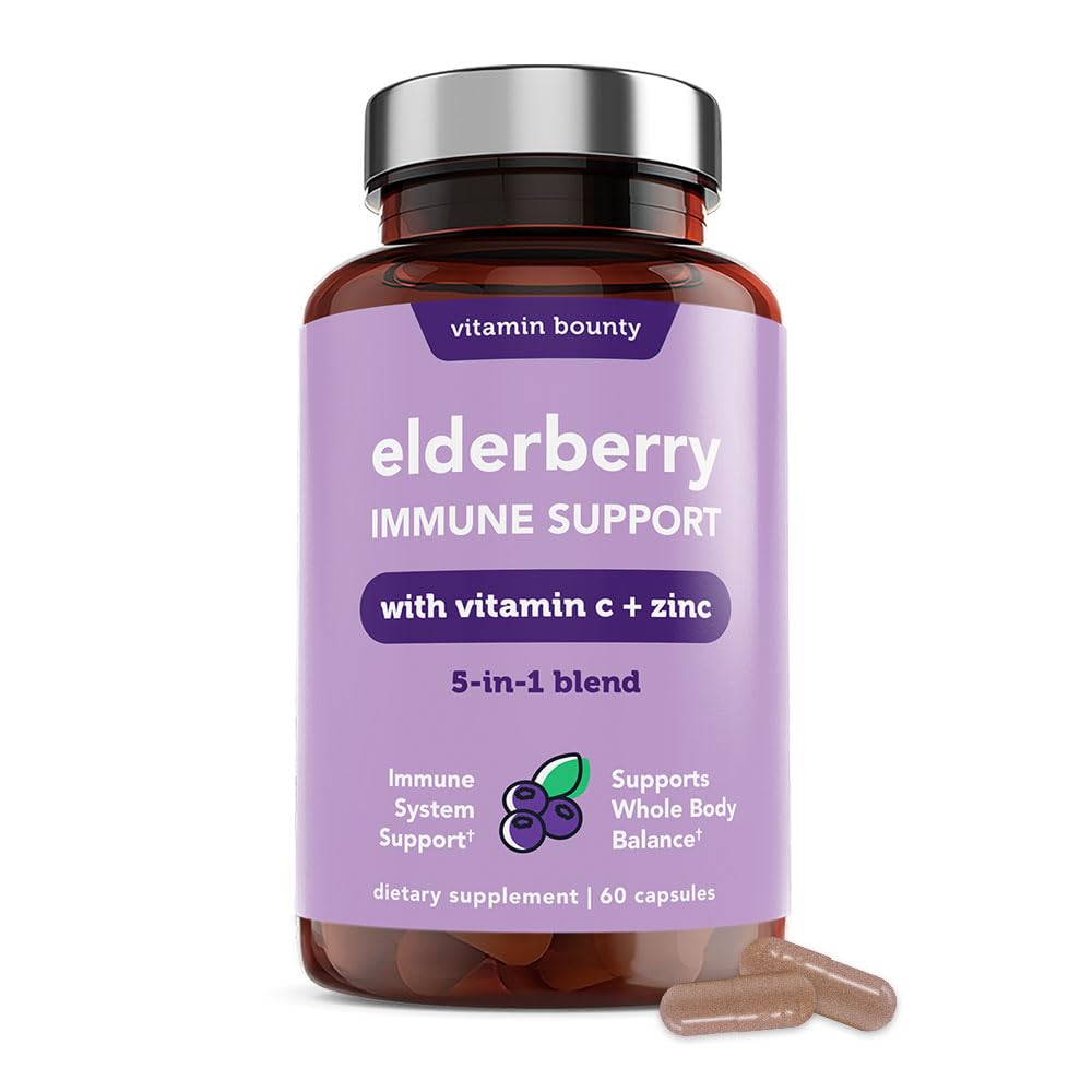 Witamina Bounty Elderberry Organic Kapsułki Elderberry dla dorosłych - Witamina C i suplement cynku, & Echinacea, Wsparcie immunologiczne, Zaawansowany 5-in-1 Mieszanka, Non-GMO - 60 Kapsułki