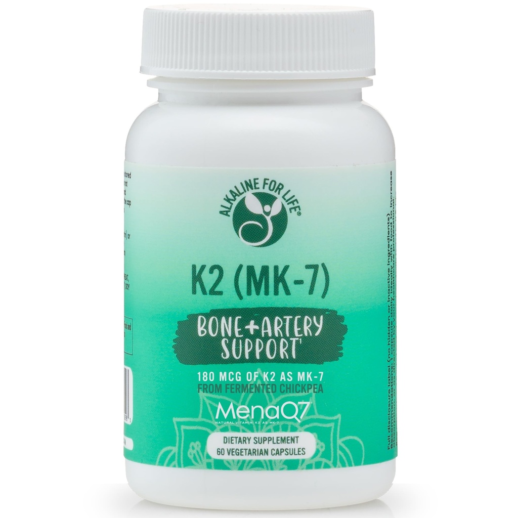 Alkaline for Life Witamina K jako MK- 7 Bilans 124; Naturalna Witamina K2 z Fermented Chickpeas MENAQ7 180 μg Bilans 124; Jeden dzień 124; 60 Day Supply Supply Supports Bone & Heart Health