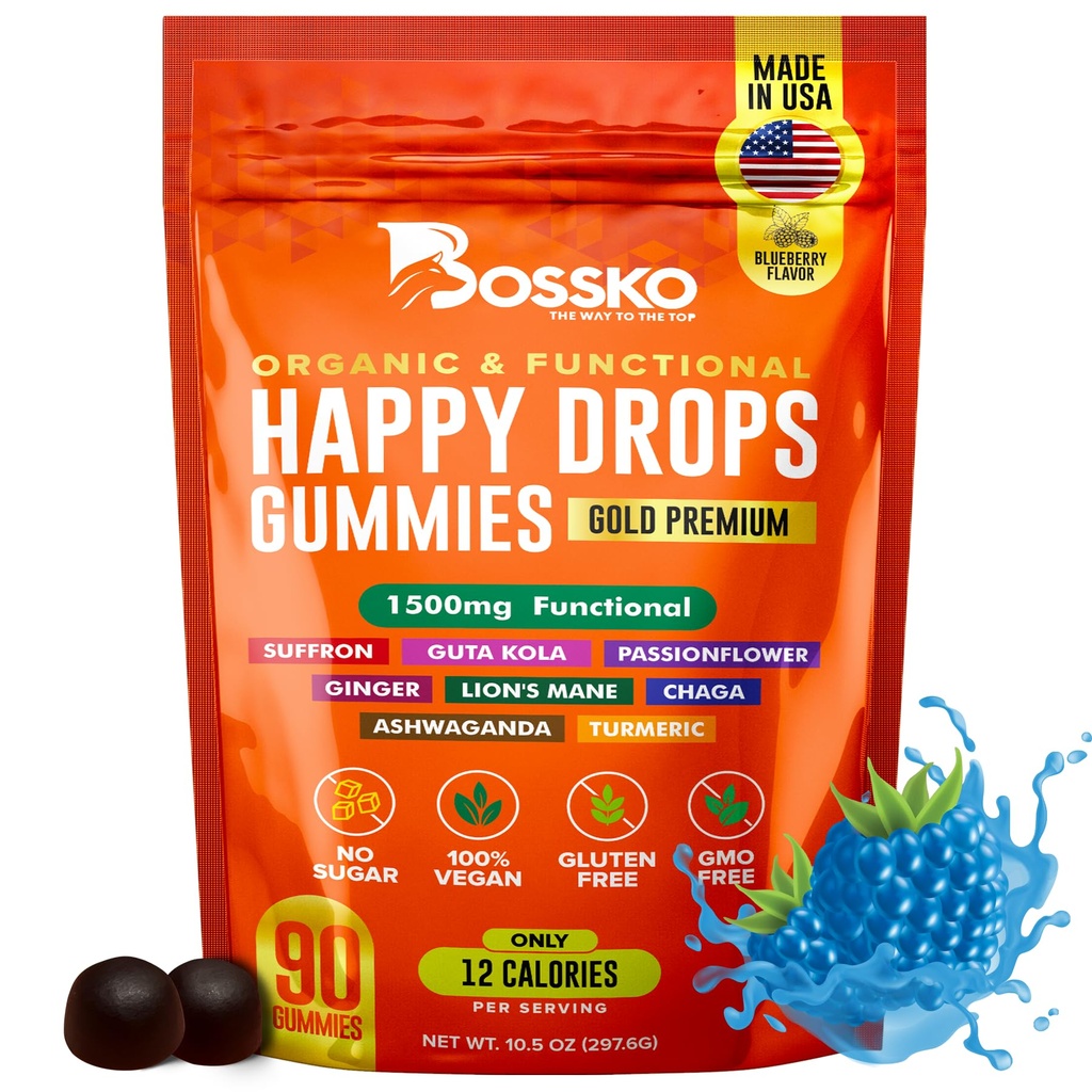 Happy Drops - Daily Superfood Gummies for Mood Support, Focus and Energy - Sugar- Free, Vegan, Blueberry Flavor - 90 Gummies dla dorosłych - Daily Support for Mood, Focus and Natural Energy