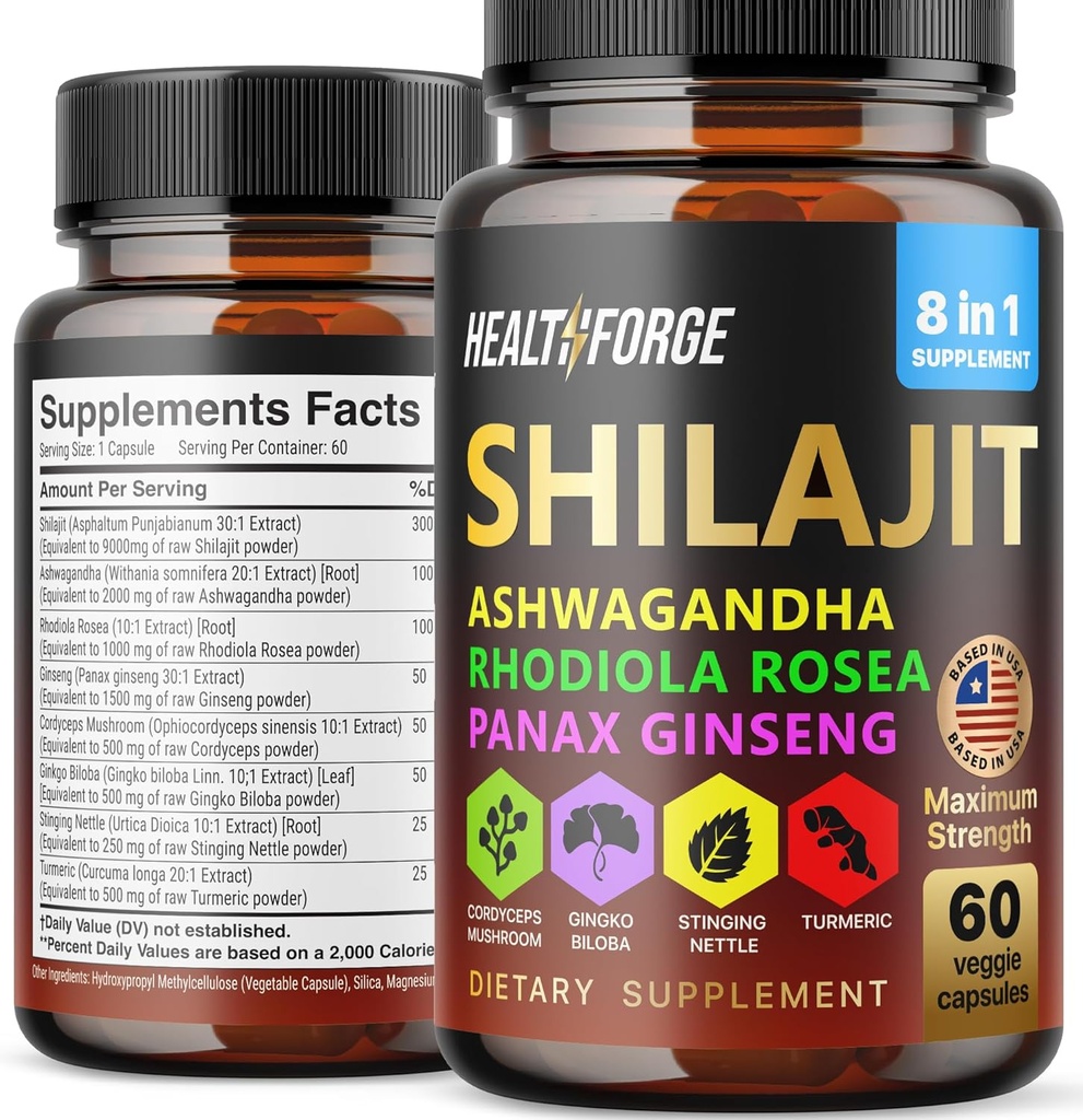 Shilajit Capsules Organic Extract Mieszanka 60 Kapsułek dla mężczyzn i kobiet - Shilajit Supplement 9000mg Ashwagandha, Immune Supplement 2000mg Rhodiola Supplement, Ginko Ginkgo Biloba