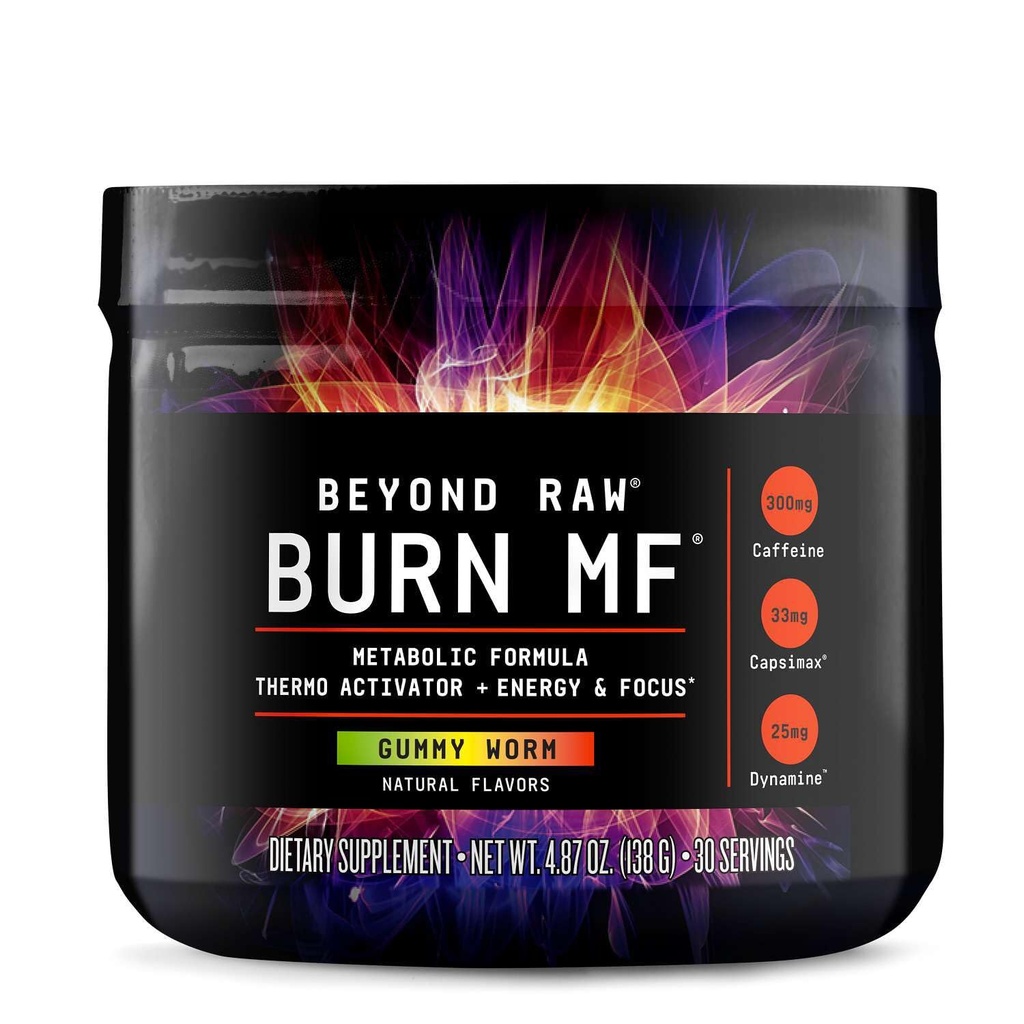 BEYOND RAW Burn MF, Formuła Metaboliczna, Aktywator termo, Wspomaga energię i ostrość, Gummy Worm, 30 Służenie