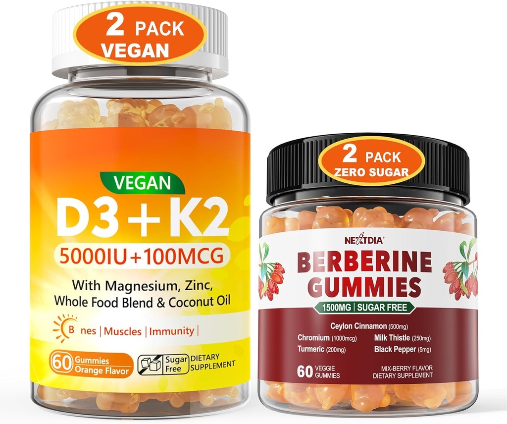 2Pack Vegan Witamina D3 5000IU K2 Gumiaki + 2Pack Berberine Suplement 1500mg Gumiaki