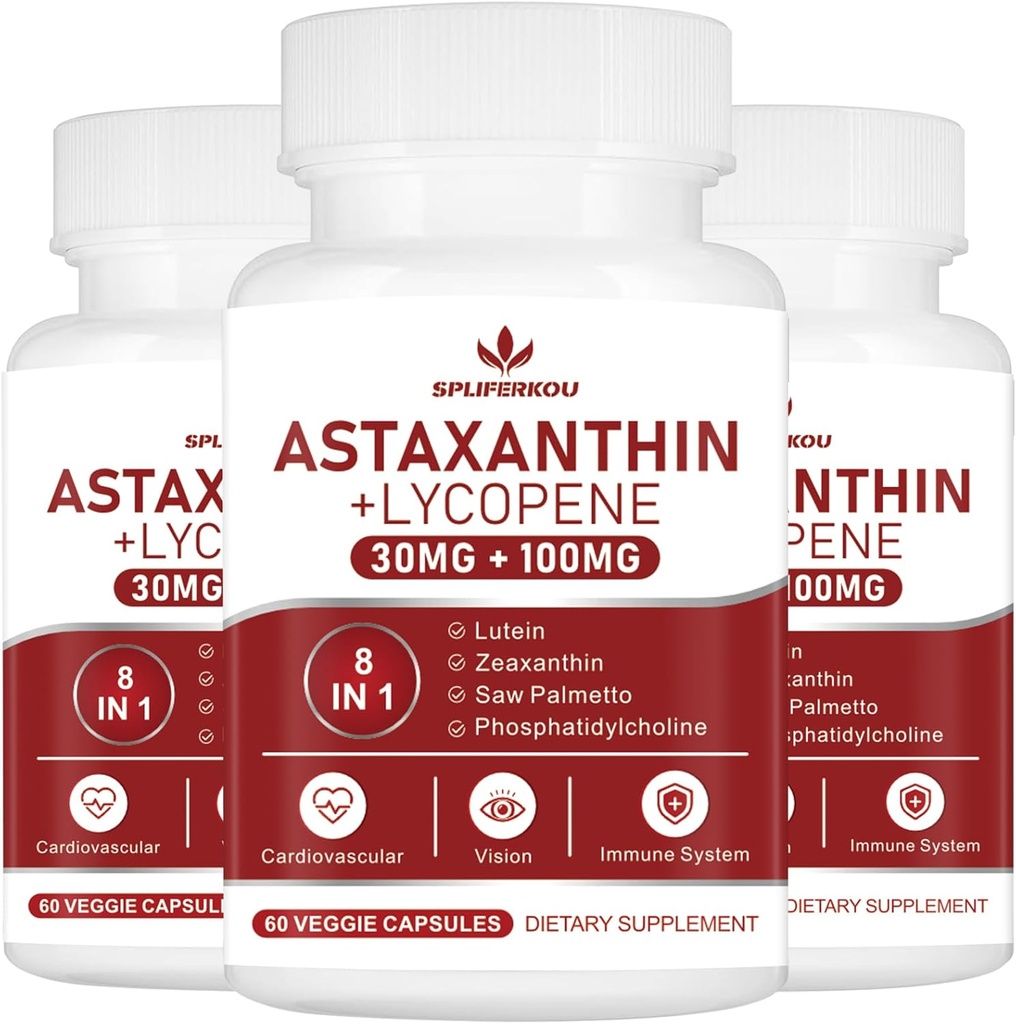 Astaksantyna i likopen 70mg, suplement astaksantyny z fosfatydylocholiną, luteiną i zeaksantyną, mocny suplement przeciwutleniaczy (180 kapsułek)