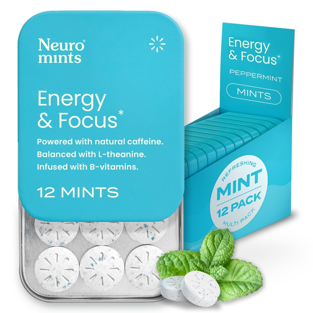 Minty kofeinowe energii NeuroGum (144 części) - Cukier wolny od L- teaniny + naturalnej kofeiny + witaminy B12 & B6 - Energia nootropowa i suplement ogniskowy dla kobiet i mężczyzn - Keto & Vegan, Peppermint Flavor