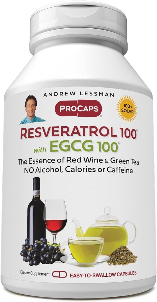 ANDREW LESSMAN Resveratrol- 100 EGCG 100mg - 360 kapsułki - Dwa naturalnie występujące przeciwutleniacze, Bez alkoholu lub kofeiny.
