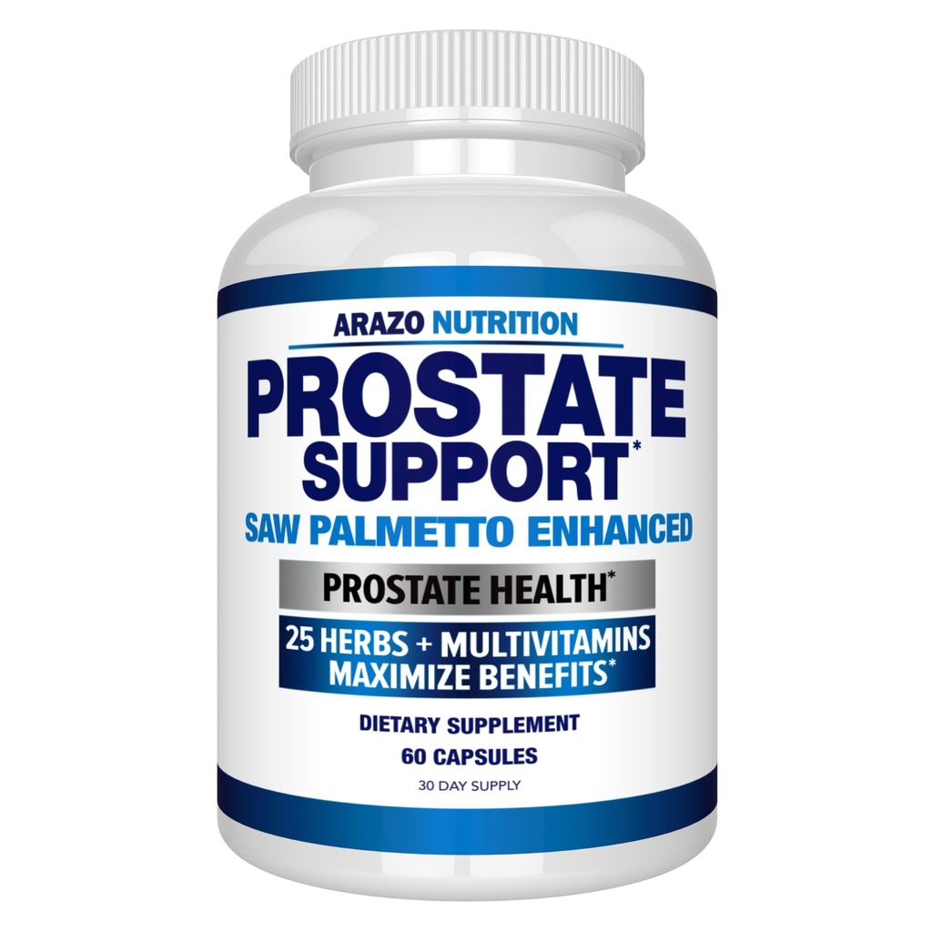 Arazo Nutrition Prostate Supplement - Saw Palmetto + 25 Herbs - Redukcja częste oddawanie moczu, Redukcja wypadania włosów, Stamina wsparcia - Pojedynczy Homeopatic Herbal Extract Suplementy zdrowotne - Kapsułka lub Pill