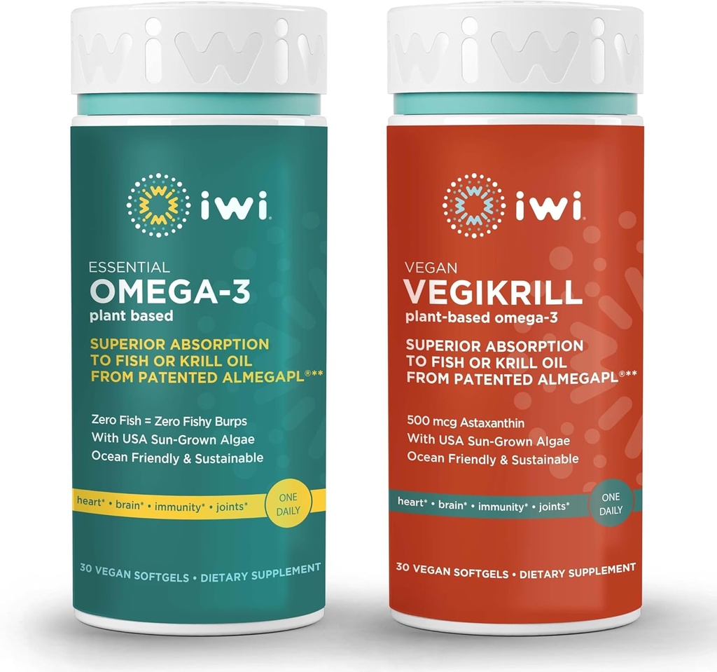 Iwi Omega-3 Essential & Vegikrill Omega-3 Bundle, 30 Służenia, Wegan Plant-Algae Omega 3, Kryll & Fish Oil Alternative, No Fishy Aftersmast